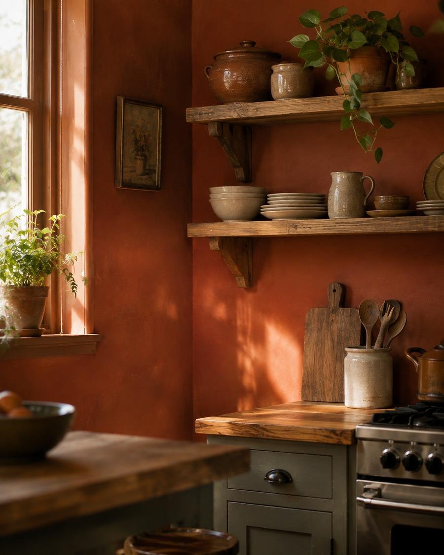 Vintage-style kitchen with a deep terracotta painted wall, open wooden shelves, ceramic dishes, butcher block countertop, and warm natural light creating a cozy farmhouse atmosphere.