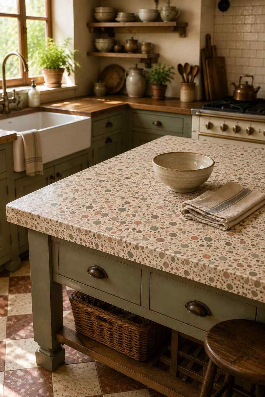 Vintage farmhouse kitchen featuring a terrazzo countertop with cream, sage, and soft pink stone chips, sage green island cabinetry, butcher block accents, and warm natural light.