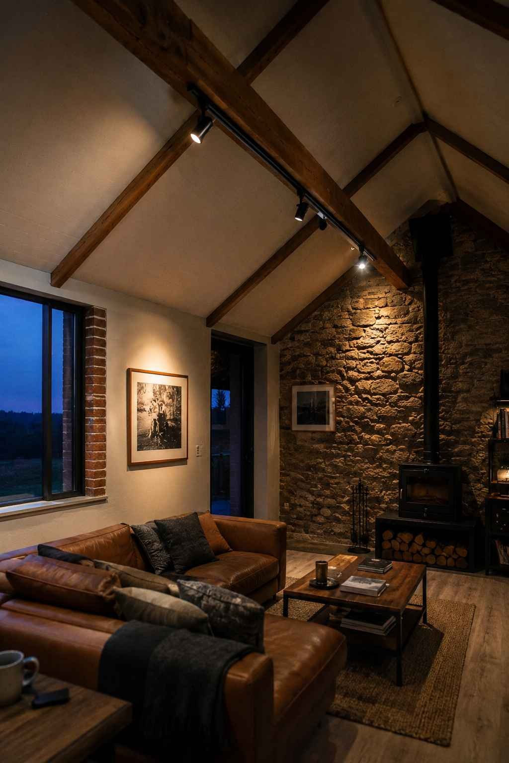 Cozy rustic living room with a vaulted ceiling, exposed timber beams, track lighting, and a stone fireplace for a warm cabin-inspired feel.