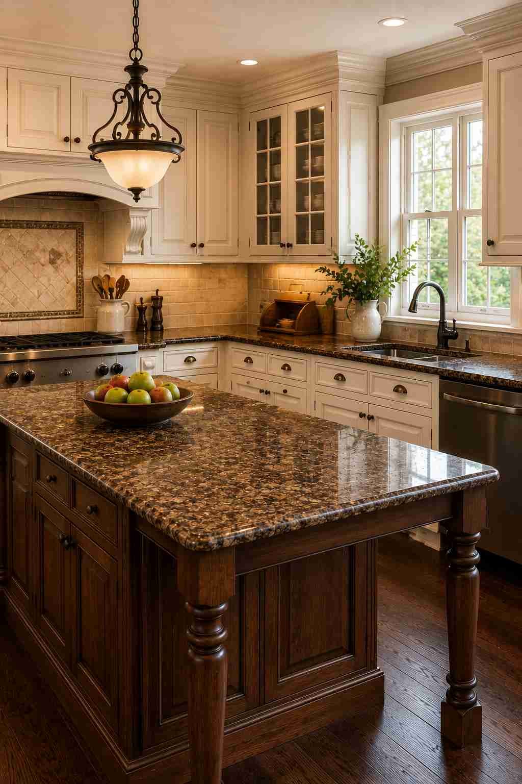 Traditional kitchen featuring white raised-panel cabinets, brown granite countertops with rich black and tan speckles, a furniture-style wood island, dark hardwood flooring, bronze hardware, crown molding, and classic pendant lighting for a timeless, elegant look.