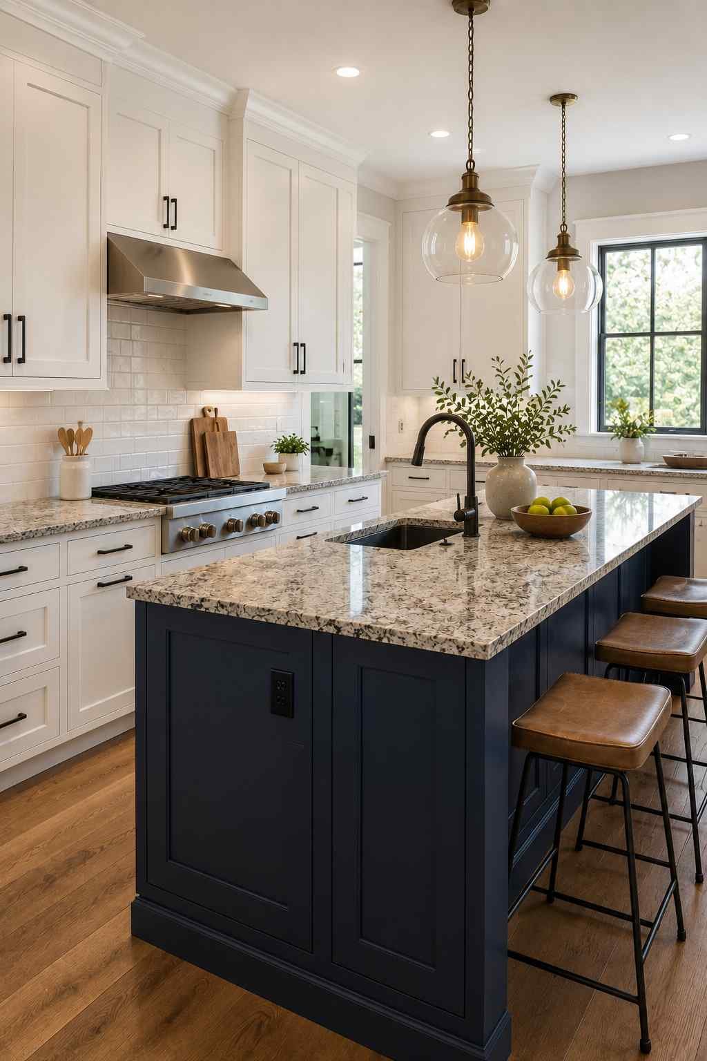 Contemporary two-tone kitchen featuring white shaker cabinets, a navy blue island, neutral granite countertops, white subway tile backsplash, matte black hardware, warm wood flooring, and pendant lighting for a stylish, cohesive design.