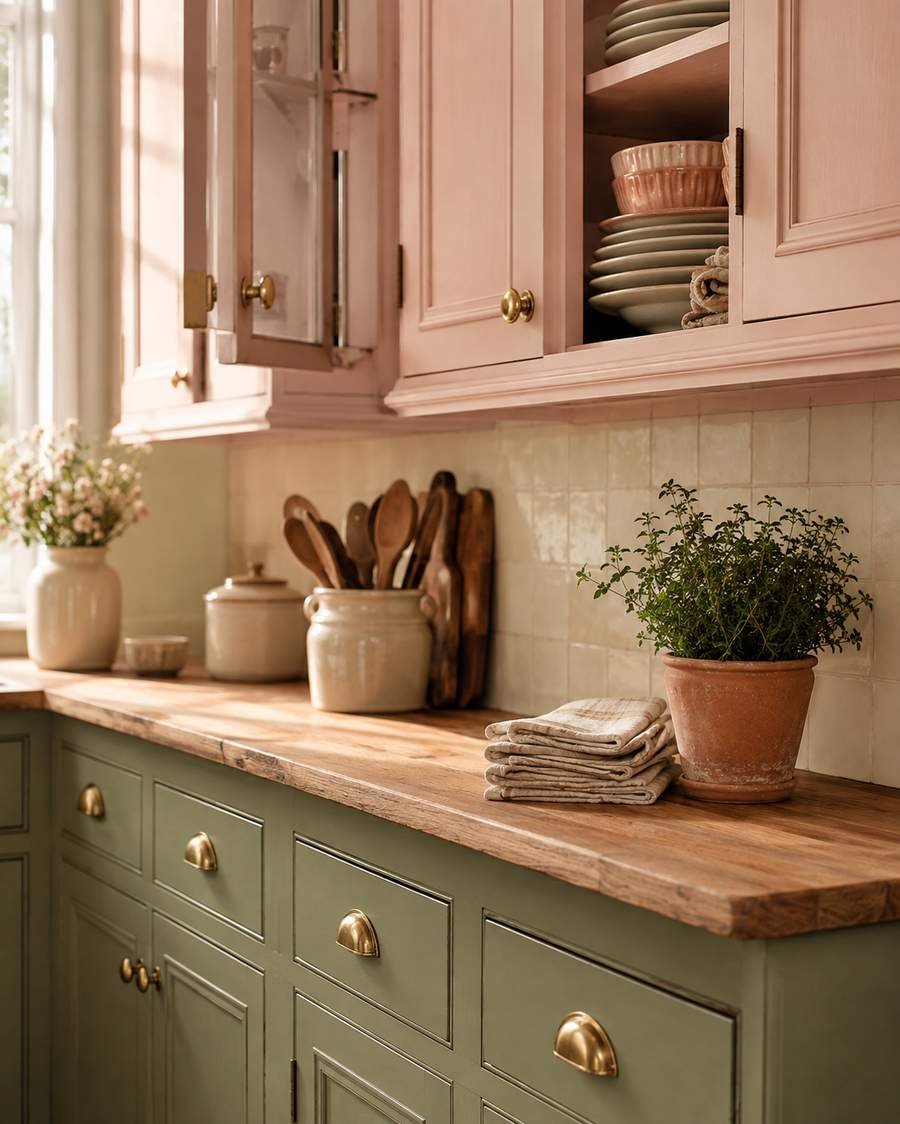 Vintage-inspired kitchen featuring blush pink upper cabinets, sage green lower cabinets, butcher block countertops, brass hardware, and warm natural light for a charming farmhouse look.