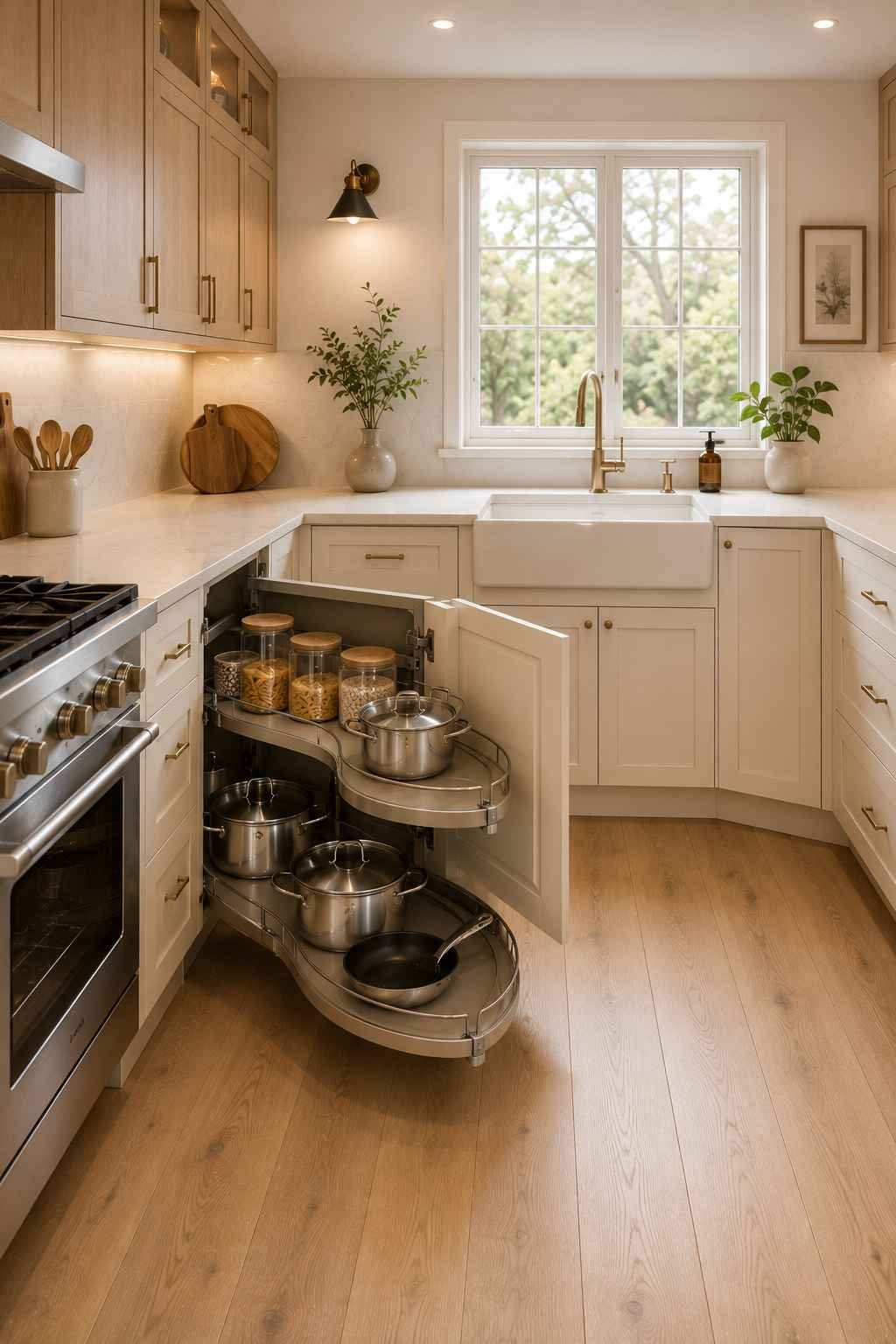 A bright U-shaped kitchen with warm white shaker cabinets, quartz countertops, a farmhouse sink beneath a large window, and an open corner cabinet featuring a pull-out magic corner storage system with organized pots, pans, and glass jars for maximizing corner space.