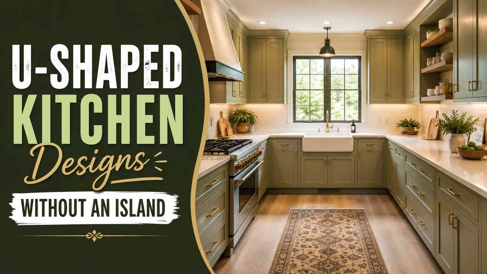 Featured image showcasing a bright U-shaped kitchen without an island, featuring sage green shaker cabinets, white quartz countertops, a farmhouse sink beneath a large window, warm wood flooring, brass hardware, layered lighting, and bold text reading "U-Shaped Kitchen Designs Without an Island."