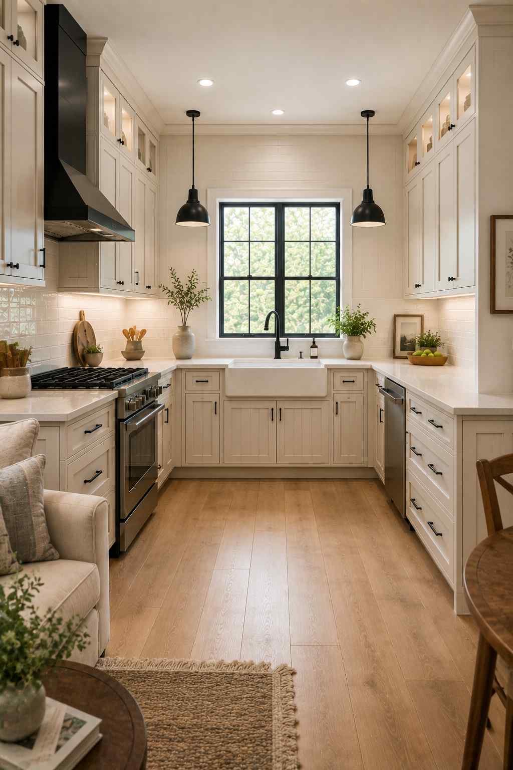 A bright U-shaped kitchen with warm white shaker cabinets, white quartz countertops, matte black cabinet hardware, a black range hood, black pendant lights, a farmhouse sink with a matte black faucet, light oak flooring, and large windows filling the space with natural light.