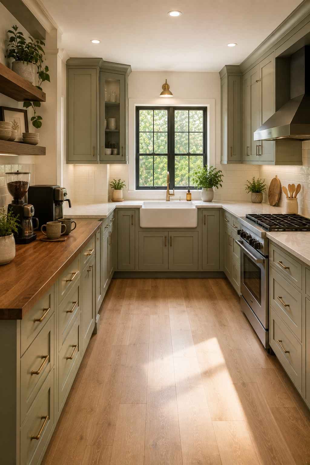 A modern U-shaped kitchen with sage green shaker cabinets, mixed countertops featuring warm butcher block at the coffee station and white quartz around the sink and stove, brass hardware, a farmhouse sink beneath a black-framed window, open wood shelves, and light oak flooring in a bright, functional layout.