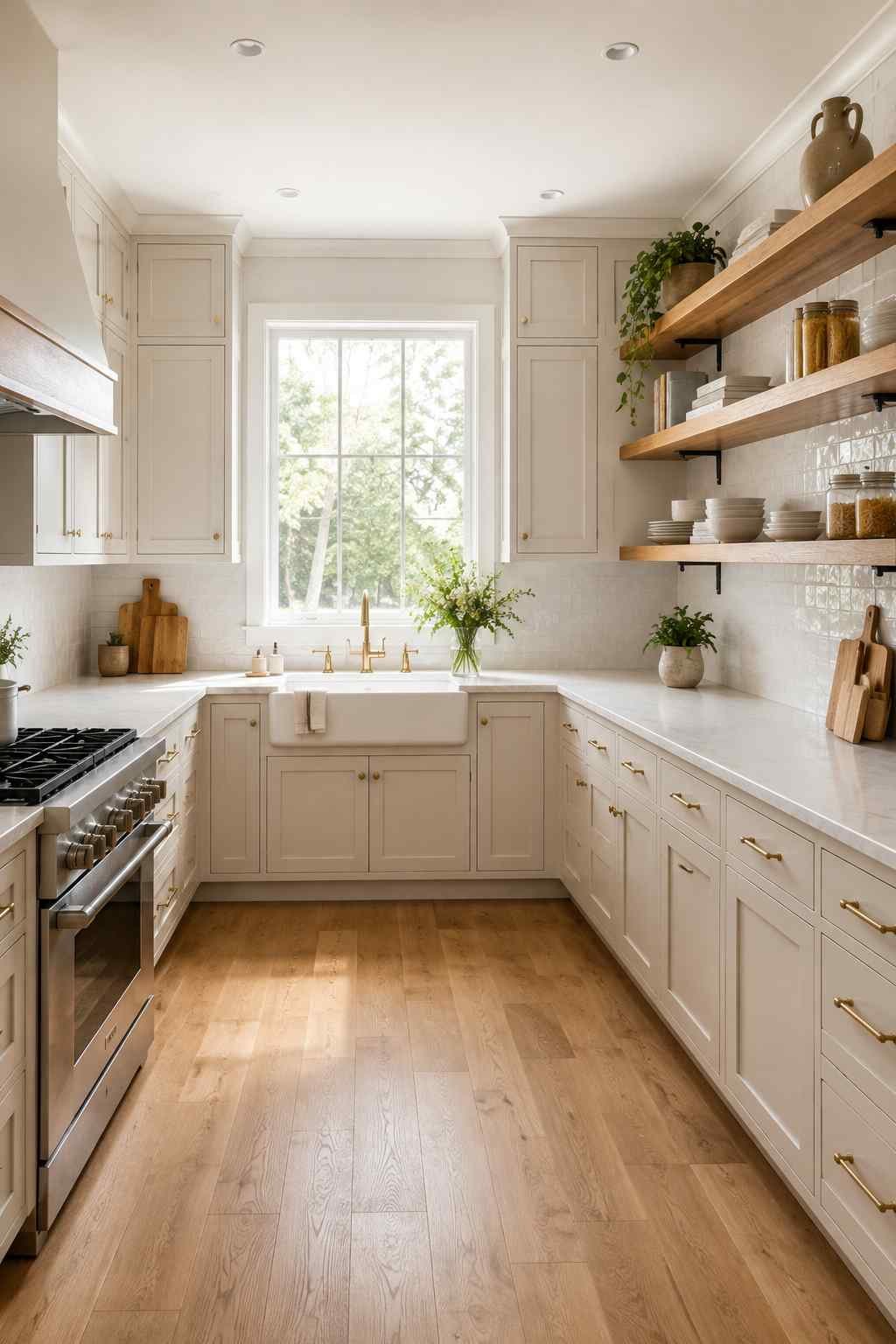A bright U-shaped kitchen with white shaker cabinets, warm oak open shelving, quartz countertops, a farmhouse sink beneath a large window, brass hardware, light oak flooring, and neatly styled ceramic dishes, cookbooks, glass jars, and trailing greenery in a clean, airy design.
