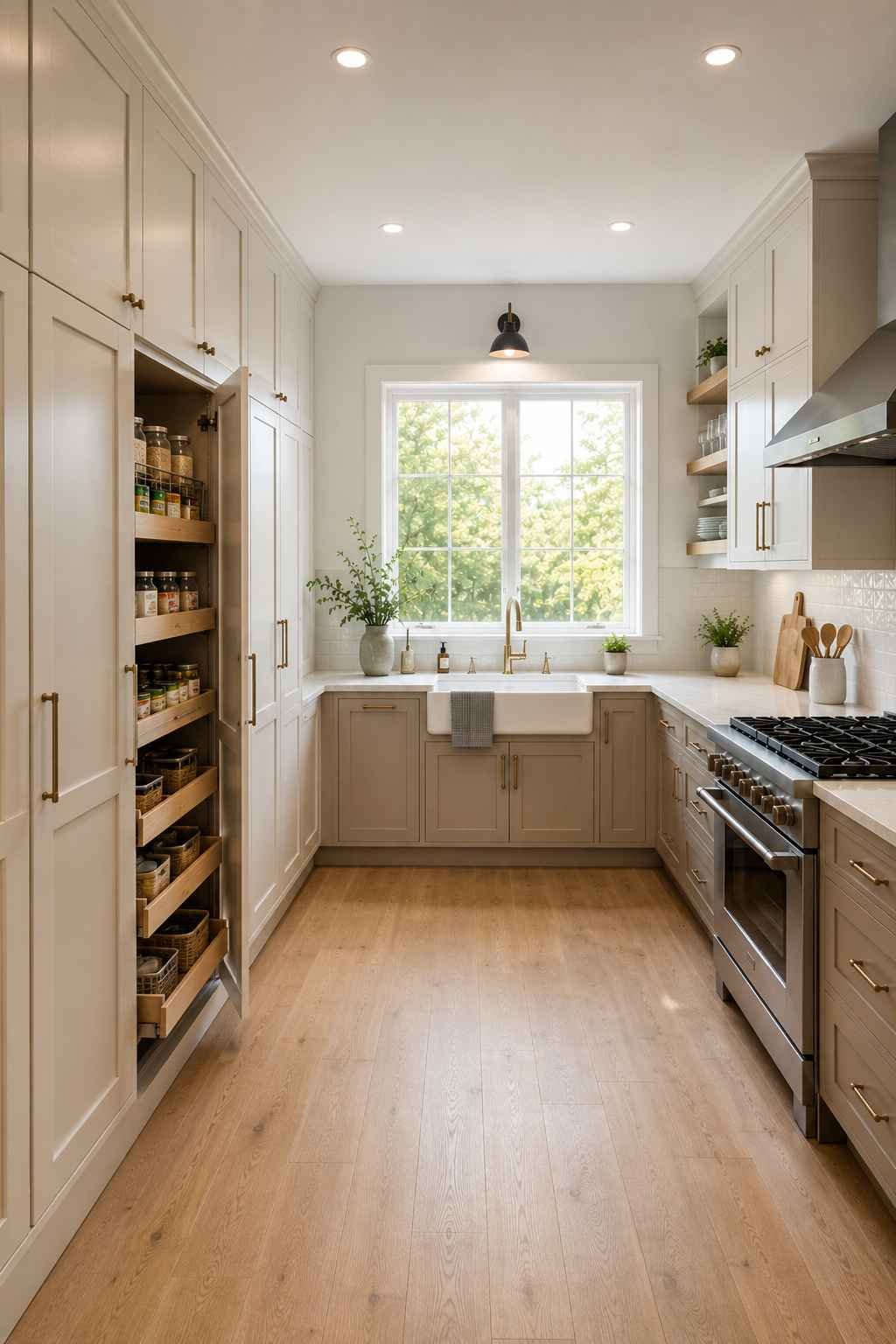 A bright U-shaped kitchen with a floor-to-ceiling pantry cabinet featuring pull-out storage drawers, white shaker cabinets, quartz countertops, a farmhouse sink beneath a large window, brass hardware, light oak flooring, and an organized, space-saving pantry design.