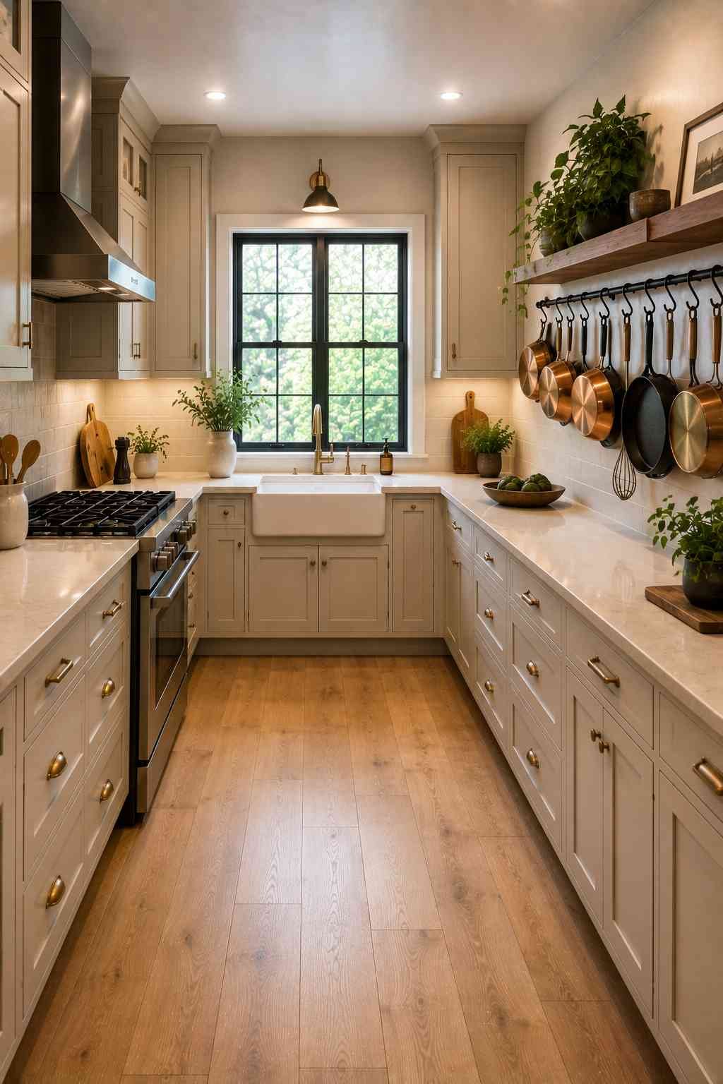 A bright U-shaped kitchen with warm white shaker cabinets, quartz countertops, a farmhouse sink beneath a large window, a matte black wall-mounted pot rail displaying copper pots and cast-iron skillets, brass hardware, light oak flooring, and a functional chef-inspired layout with smart vertical storage.