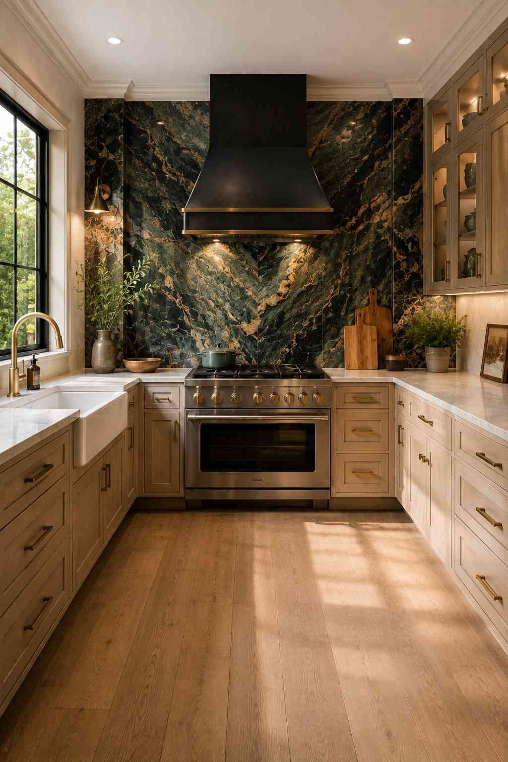 A luxurious U-shaped kitchen with warm white shaker cabinets, quartz countertops, a dramatic black and gold marble statement backsplash behind the range, a matte black range hood, brass hardware, farmhouse sink, warm wood flooring, and abundant natural light creating an elegant focal point.