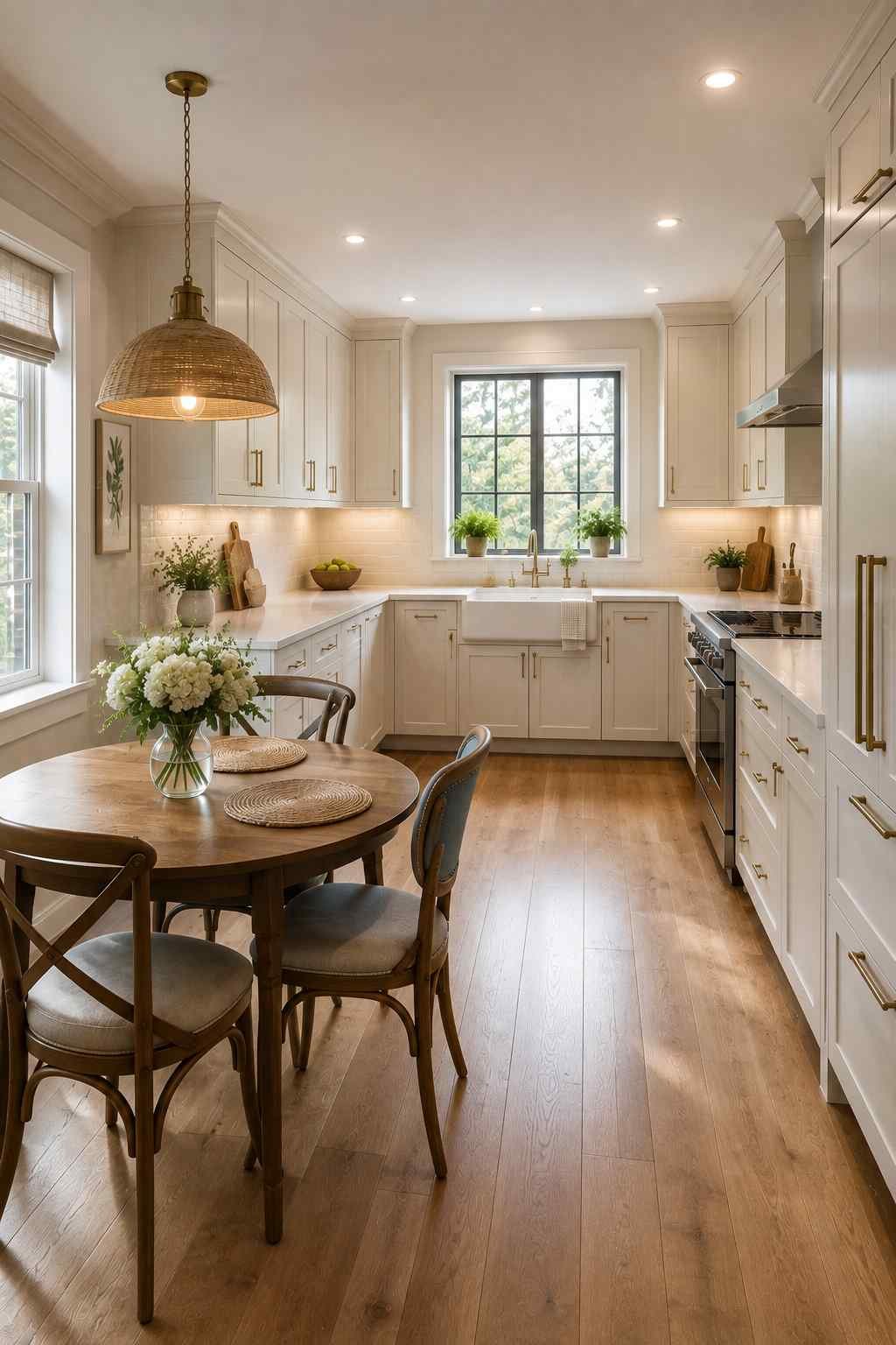 A bright U-shaped kitchen with warm white shaker cabinets, quartz countertops, a farmhouse sink beneath a large window, brass hardware, light oak flooring, and a cozy breakfast nook featuring a round wooden table, upholstered chairs, woven placemats, fresh flowers, and a woven pendant light.
