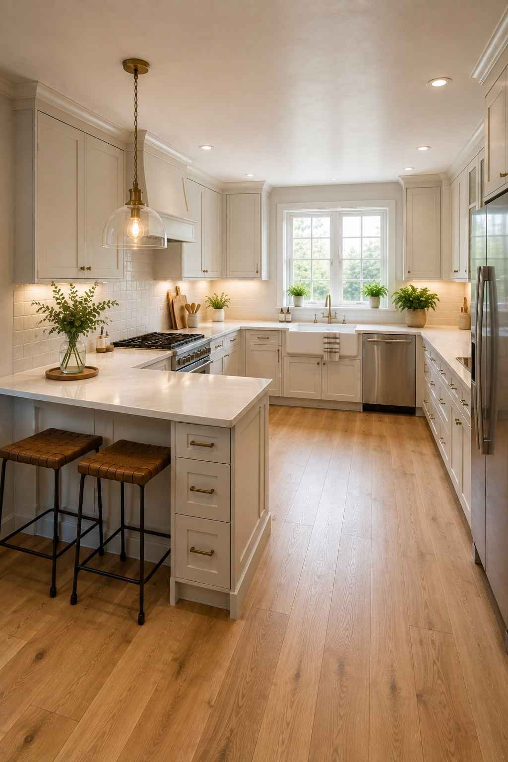 A bright U-shaped kitchen with a connected peninsula, warm white shaker cabinets, quartz countertops, a farmhouse sink beneath a large window, brass hardware, light oak flooring, and two counter stools creating a functional space for casual dining and extra storage.