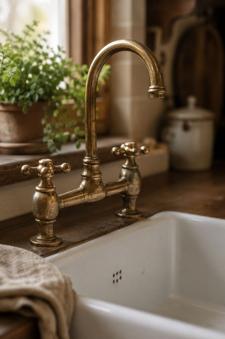 Close-up of an unlacquered brass bridge kitchen faucet with cross handles over a white farmhouse sink, featuring a natural patina, warm wood countertop, and soft natural light.