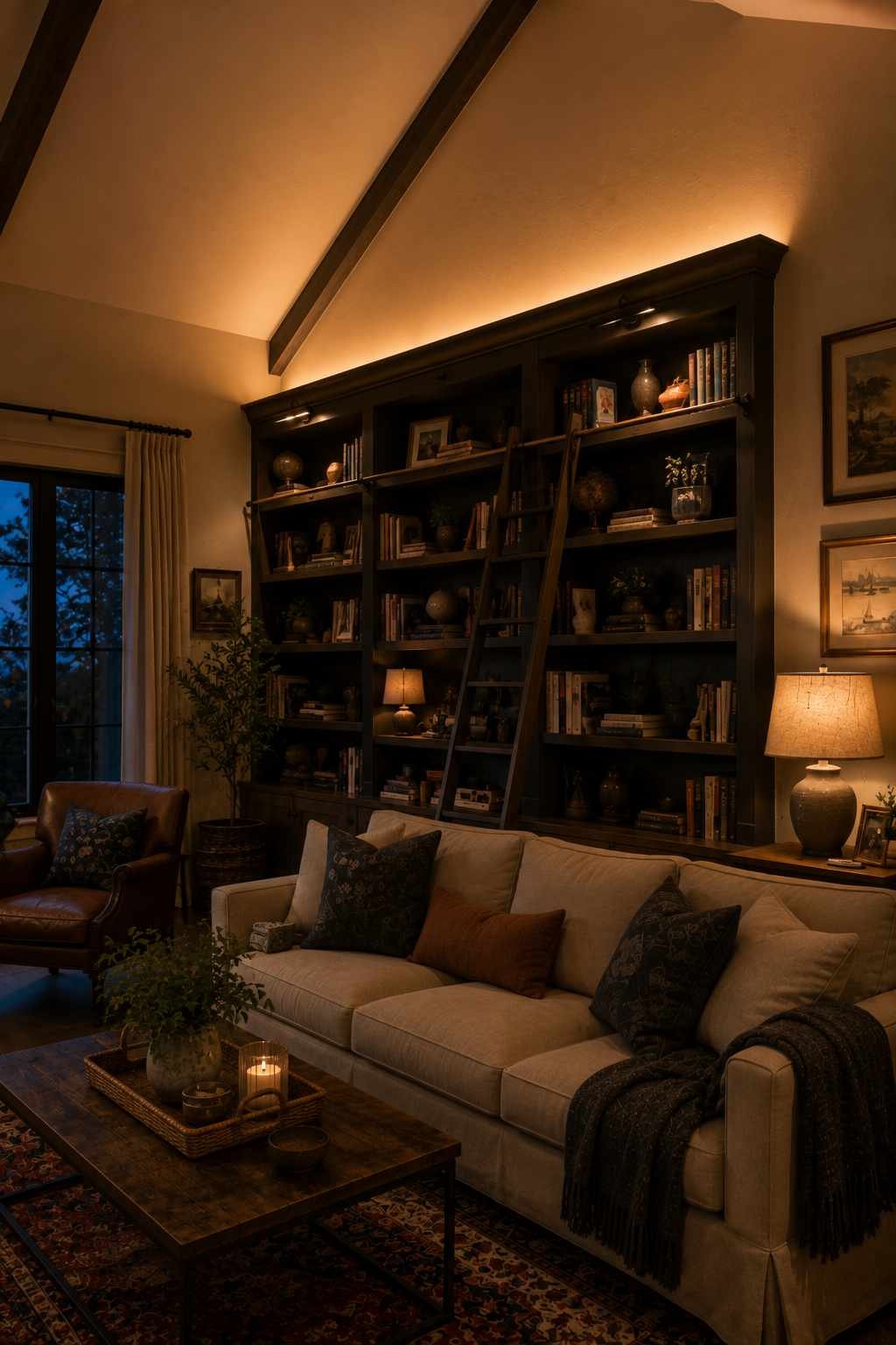 Cozy living room with a floor-to-ceiling built-in bookshelf, rolling ladder, warm accent lighting, beige sofa, and rustic wood coffee table creating a comfortable reading space.