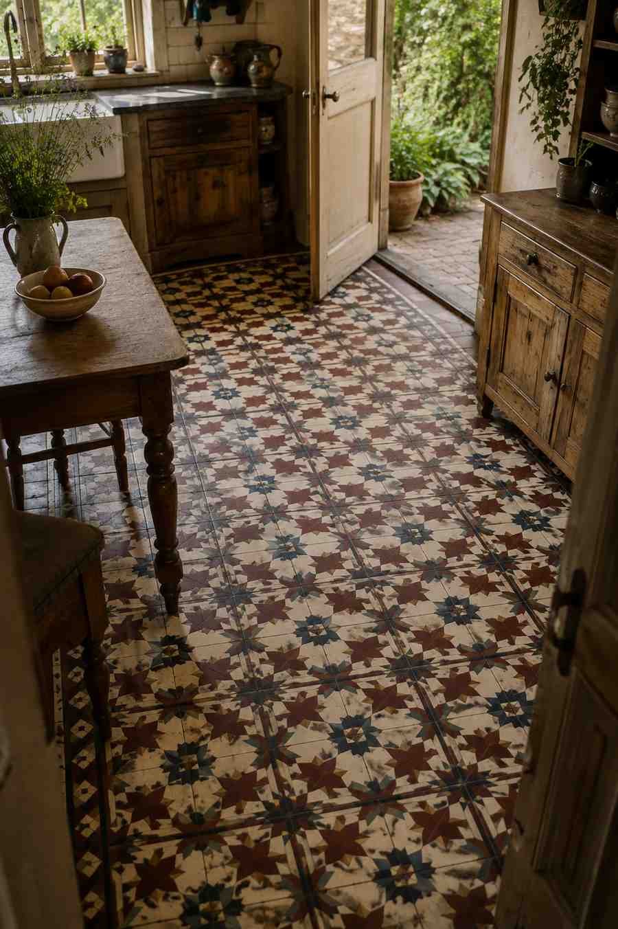 Vintage kitchen with Victorian encaustic floor tiles in red, navy, and cream geometric patterns, warm wood cabinetry, natural light, and timeless farmhouse charm.