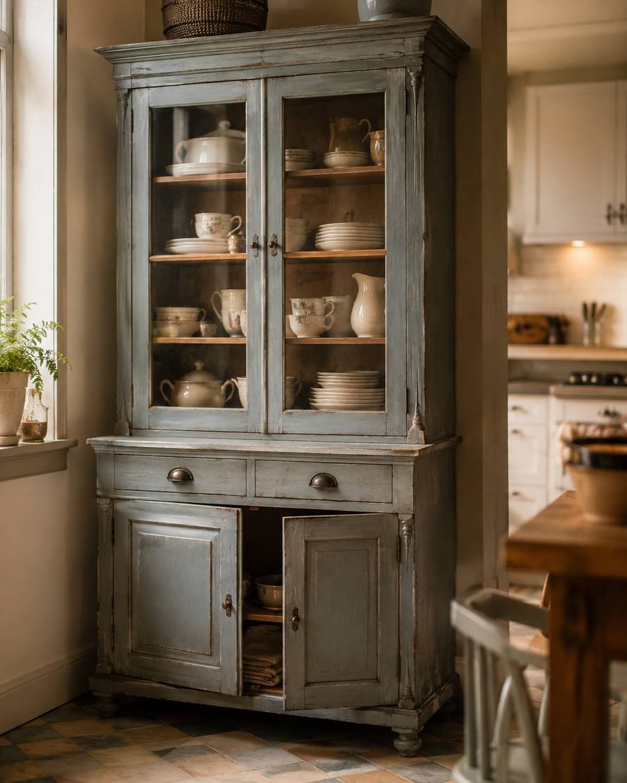 Weathered blue-gray vintage kitchen hutch with glass-front doors displaying mismatched dishes, teacups, and pitchers, adding timeless farmhouse storage and charm to a cozy kitchen.