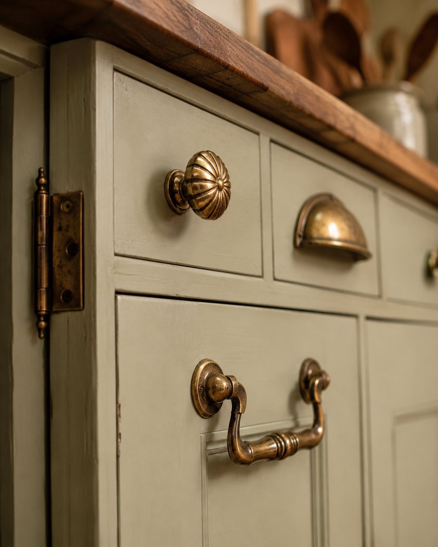 Close-up of vintage brass kitchen cabinet hardware featuring fluted knobs, cup pulls, decorative handles, and a patinated hinge on soft sage cabinetry with a warm butcher block countertop.