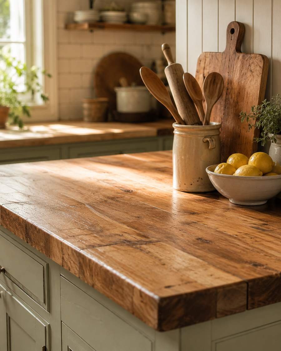 Realistic vintage kitchen island with a warm butcher block countertop, natural wood grain, sage green cabinetry, wooden utensils, fresh lemons, and soft natural light for a cozy farmhouse style.