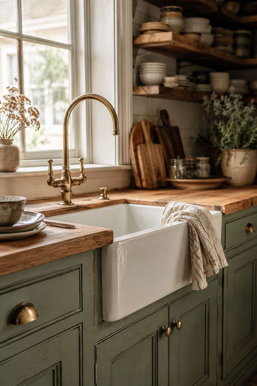 Realistic vintage farmhouse kitchen featuring a deep white fireclay apron-front sink, sage green cabinets, butcher block countertops, brass faucet, and warm natural light through a large window.