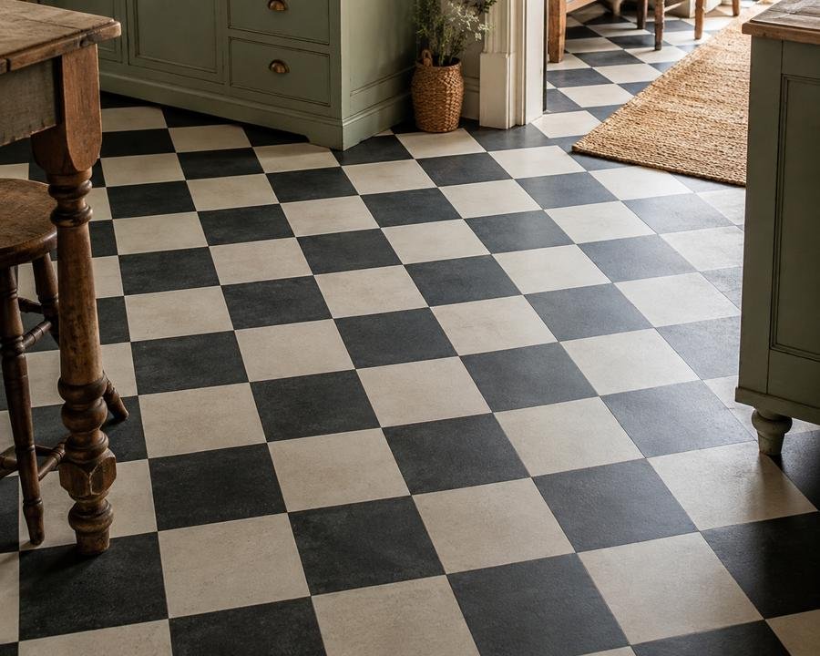 Realistic vintage kitchen with classic black and white checkerboard floor tiles, sage green cabinets, warm wood accents, and natural light creating a timeless farmhouse interior.