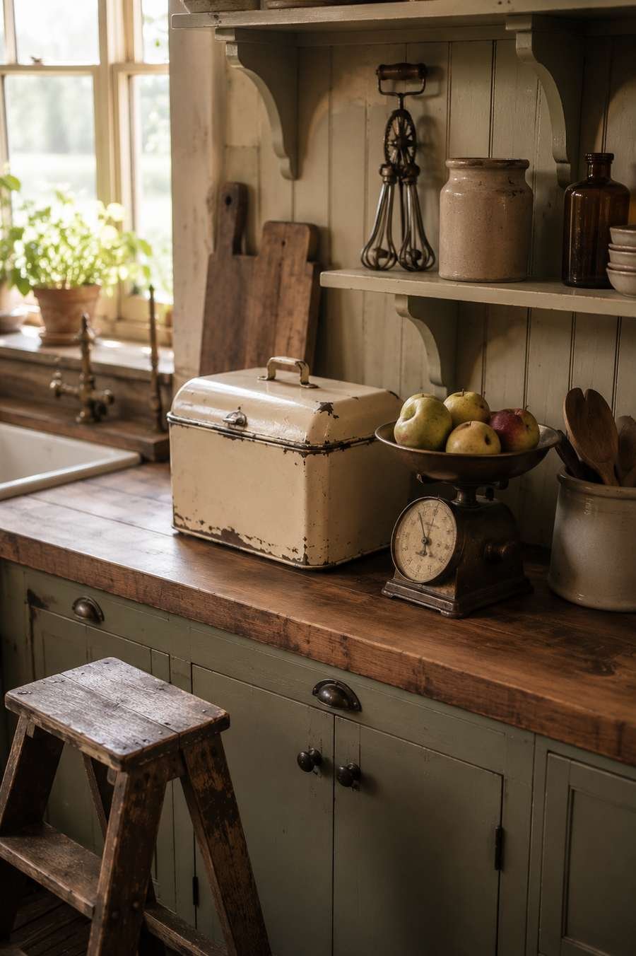 Vintage farmhouse kitchen featuring an enamel bread box, antique kitchen scale with fruit, hand-crank egg beater, rustic wooden step stool, sage green cabinets, and warm natural light.