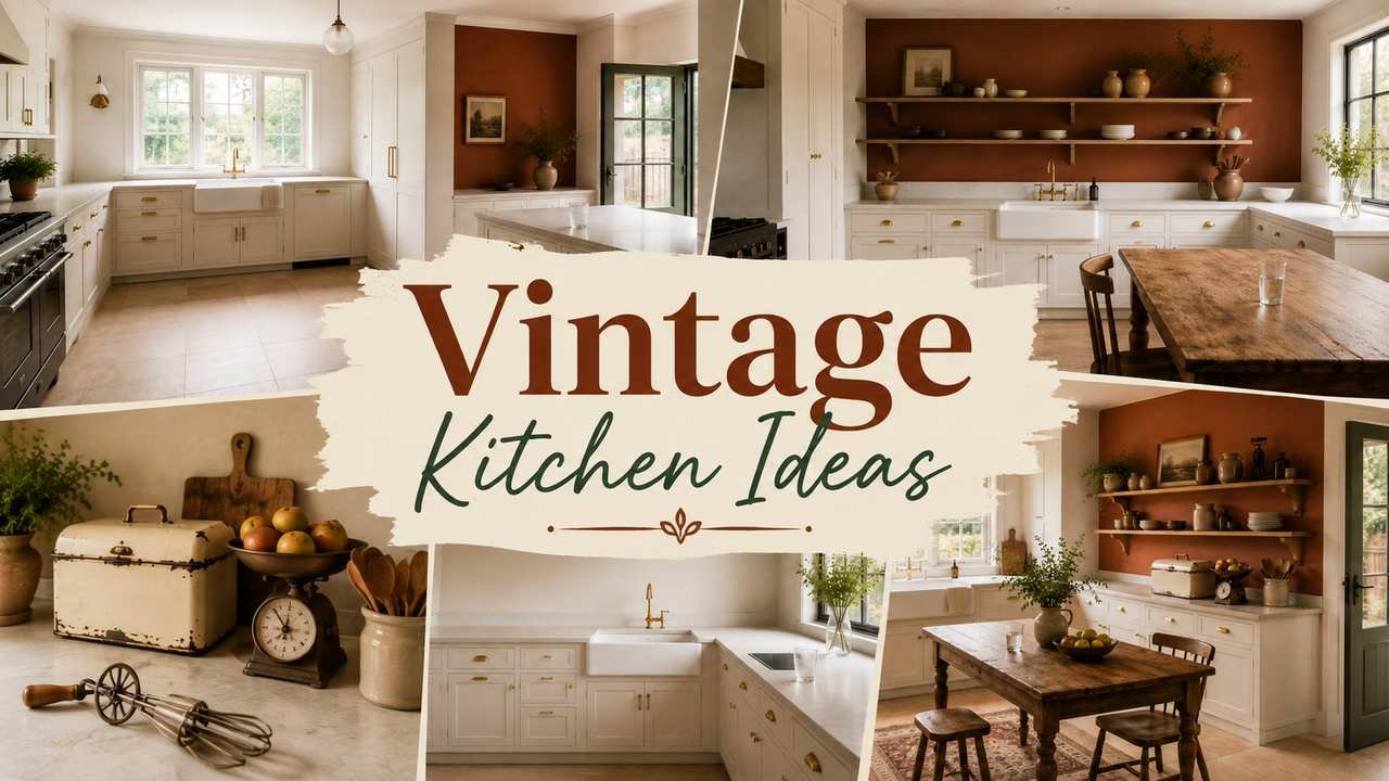 Featured collage showcasing vintage kitchen ideas with farmhouse sinks, terracotta accent walls, brass hardware, rustic wooden tables, open shelving, and cozy farmhouse-inspired kitchen designs.