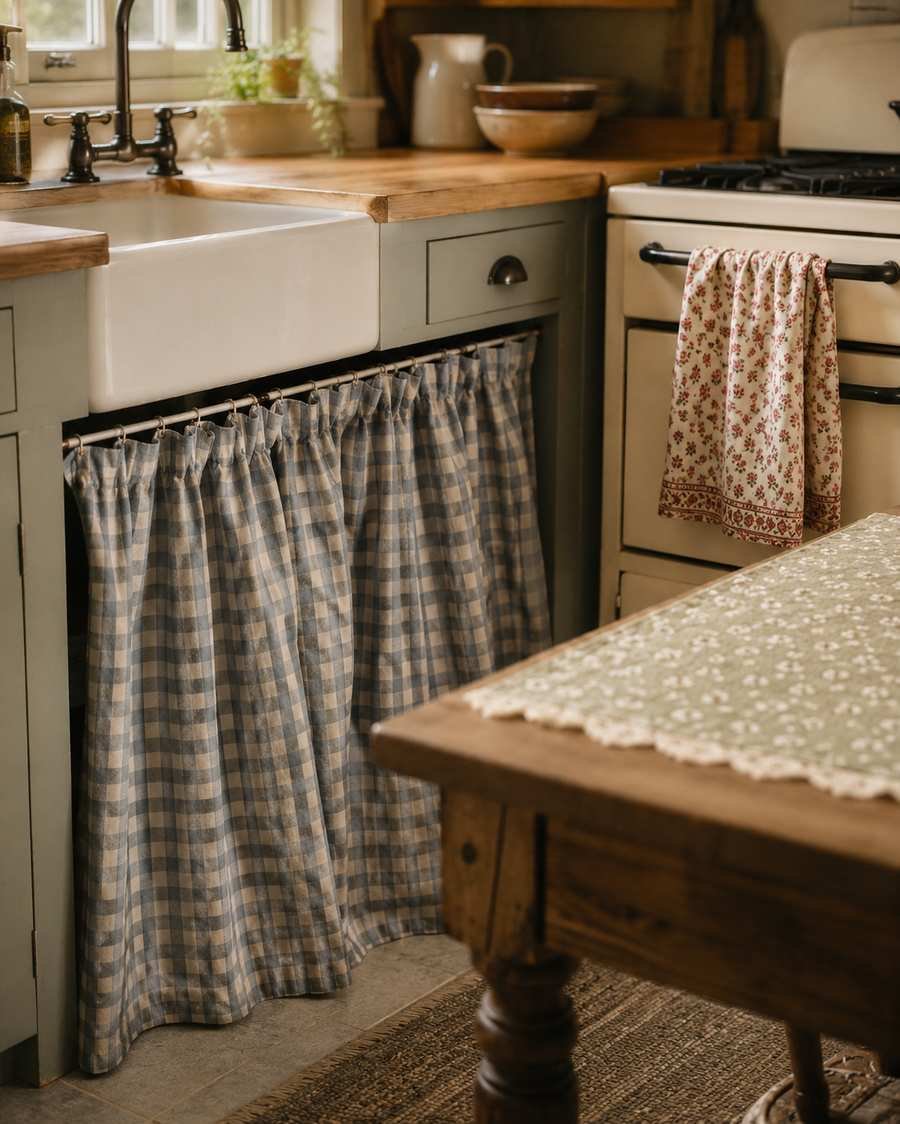 Cozy vintage farmhouse kitchen featuring a blue gingham sink skirt, floral tea towel, sage table runner, butcher block countertops, and warm natural light for charming cottage-style decor.