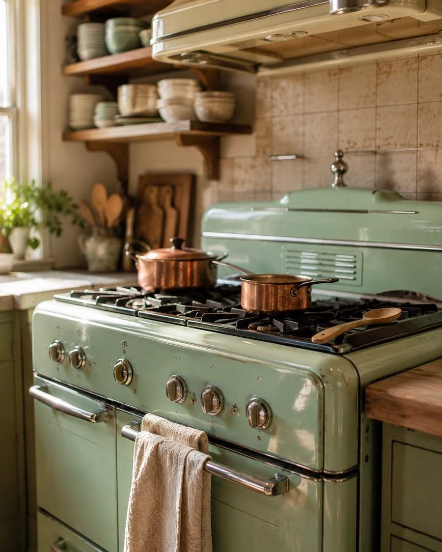 Realistic vintage-style kitchen featuring a mint green retro range with chrome trim, cream tile backsplash, copper cookware, open shelving, and warm natural light for a cozy farmhouse look.