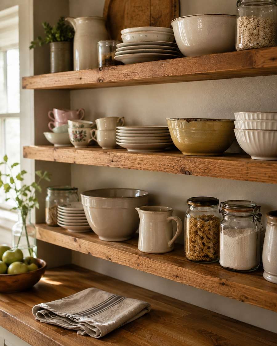 Open wooden kitchen shelves displaying vintage dishes, pastel teacups, cream plates, ceramic bowls, glass storage jars, and a butcher block countertop in a warm farmhouse kitchen.