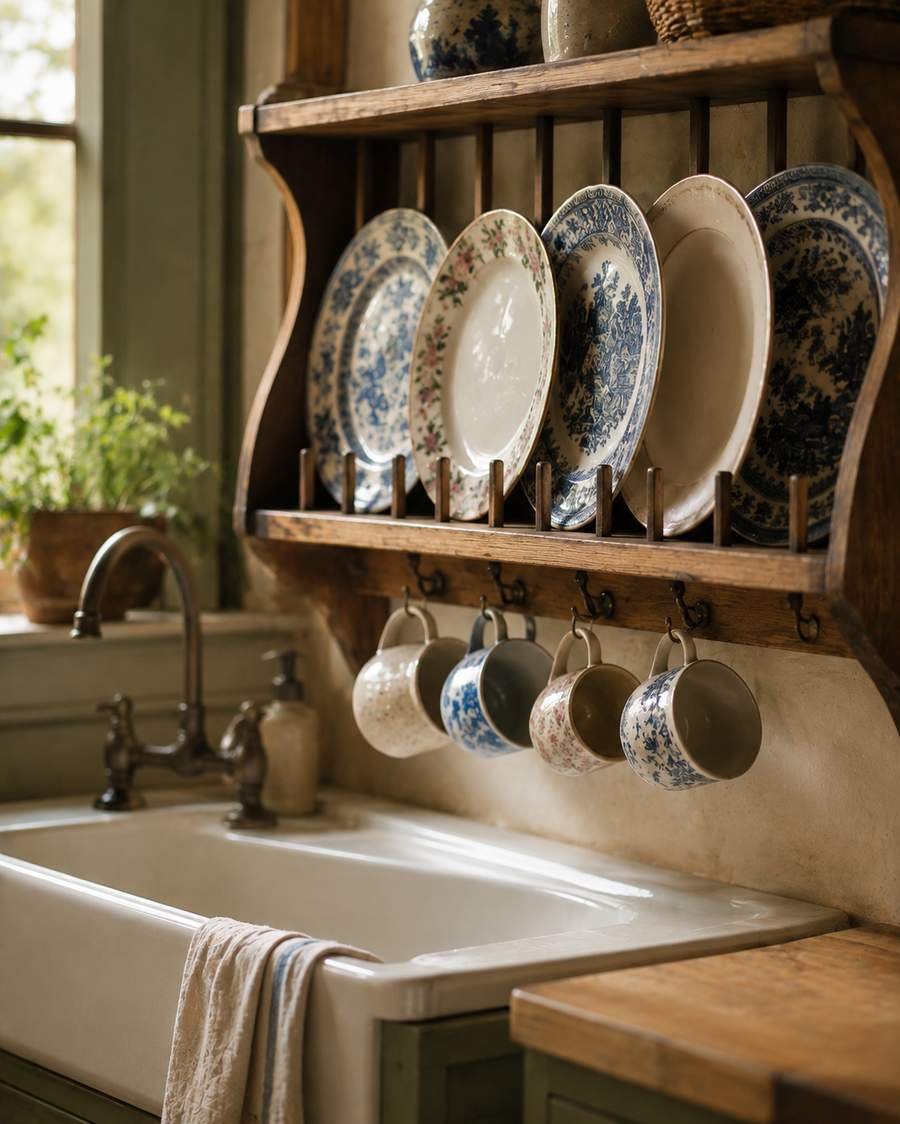 Wall-mounted wooden plate rack above a farmhouse sink displaying vintage patterned plates, hanging mugs, butcher block countertops, sage green cabinets, and warm natural light in a cozy farmhouse kitchen.