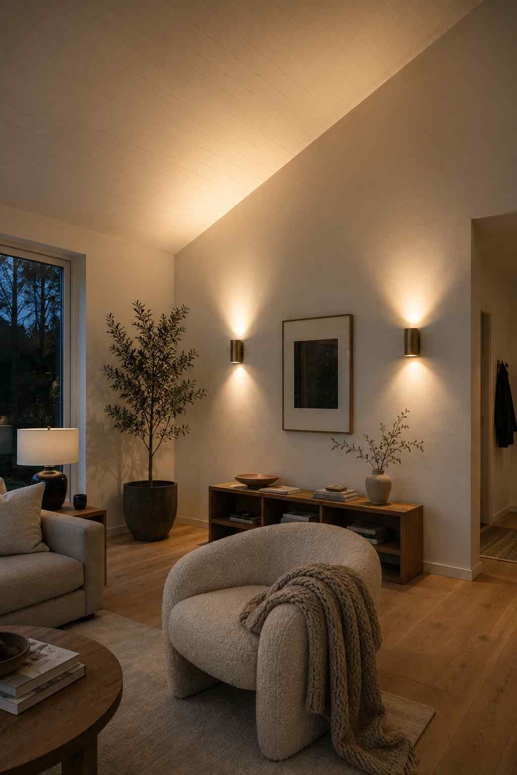Minimal living room with a vaulted ceiling, soft wall sconces, light wood flooring, and neutral décor for a calm contemporary atmosphere.