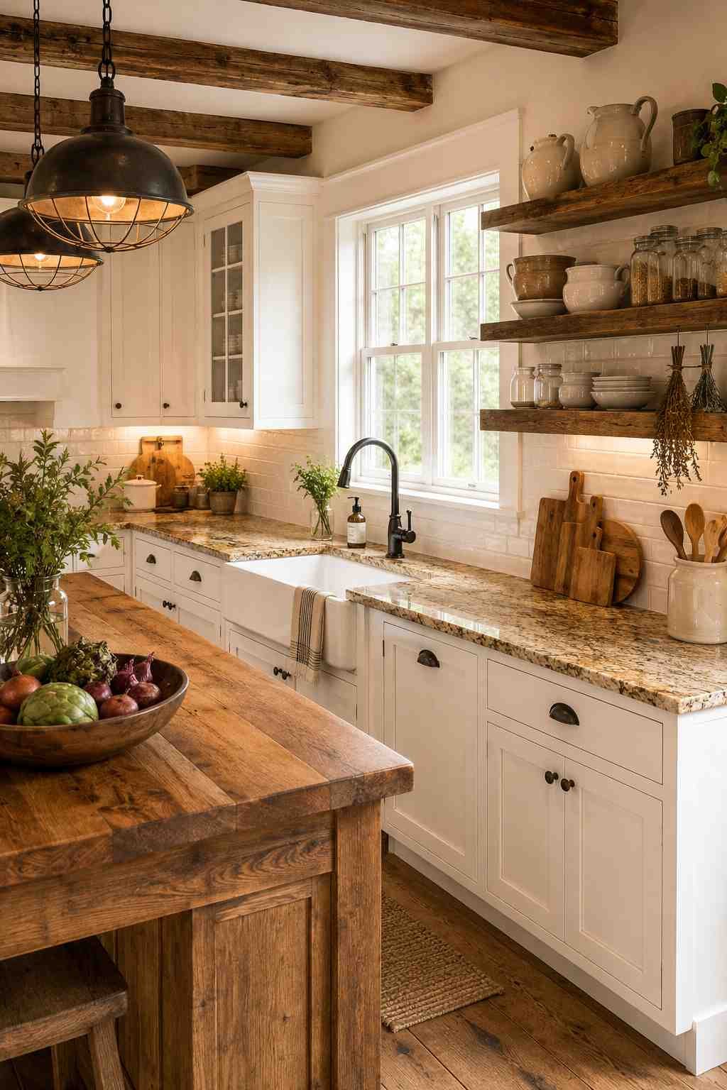Cozy farmhouse kitchen featuring white shaker cabinets, warm beige granite countertops with gold and brown veining, a butcher block island, open wood shelving, exposed ceiling beams, a farmhouse sink, and rustic pendant lighting.