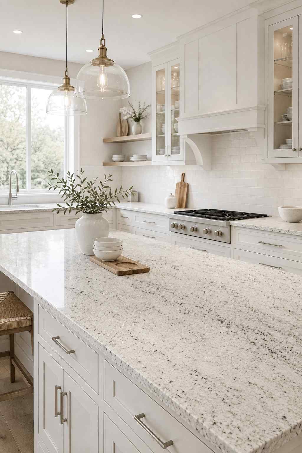 Bright modern kitchen featuring white shaker cabinets, white granite countertops with subtle gray veining, a white tile backsplash, brushed nickel hardware, glass-front cabinets, warm pendant lighting, and a spacious island with minimalist décor.
