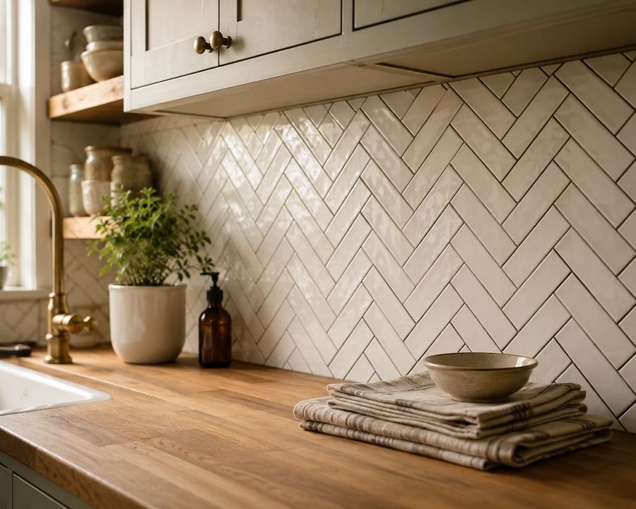 White herringbone subway tile kitchen backsplash with dark grout, butcher block countertop, brass gooseneck faucet, folded linen towels, and warm natural light in a cozy farmhouse kitchen.