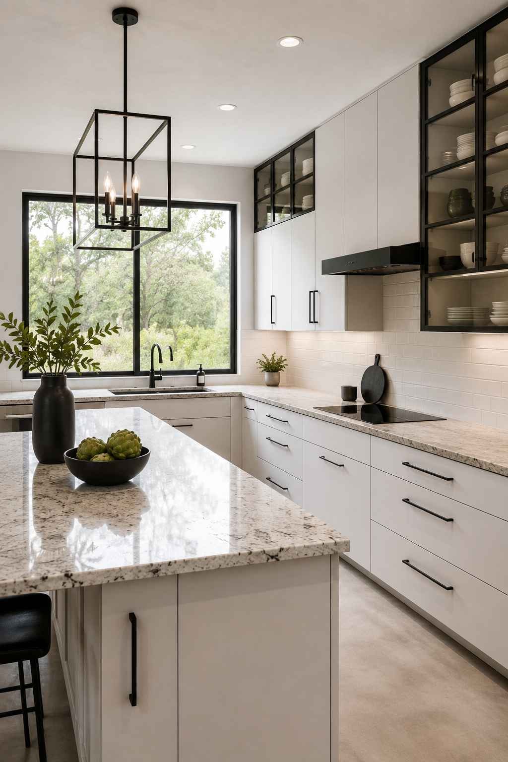 Modern white kitchen featuring flat-panel cabinets, light granite countertops, matte black cabinet hardware, a black faucet, black-framed glass cabinets, white subway tile backsplash, and a minimalist island with clean architectural lines.
