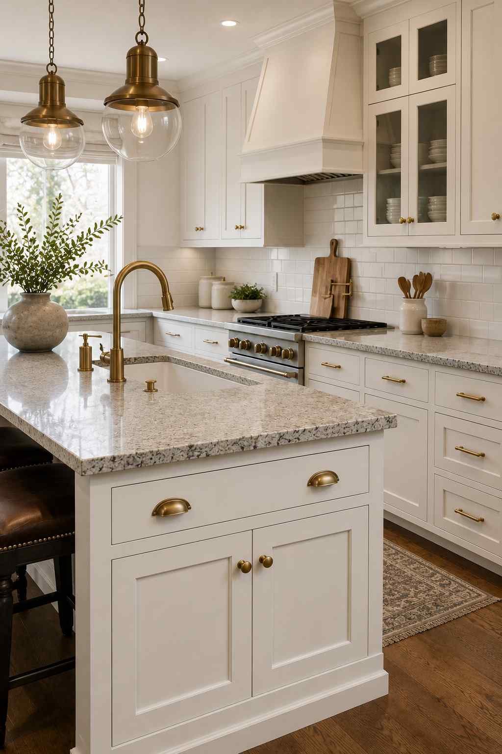Elegant white kitchen featuring shaker cabinets, neutral granite countertops, warm brass cabinet hardware, a matching brass faucet, glass pendant lighting, white subway tile backsplash, and warm wood flooring for a timeless, sophisticated look.