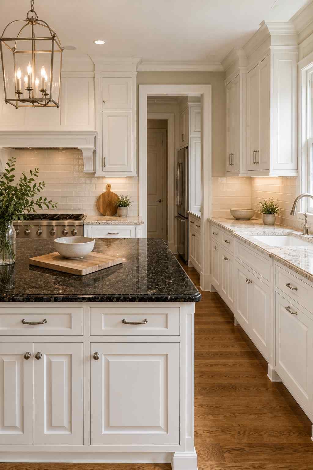 Elegant white kitchen featuring white shaker cabinets, a dark granite island countertop, light granite perimeter countertops, white subway tile backsplash, warm wood flooring, and classic pendant lighting that creates a sophisticated two-tone countertop design.