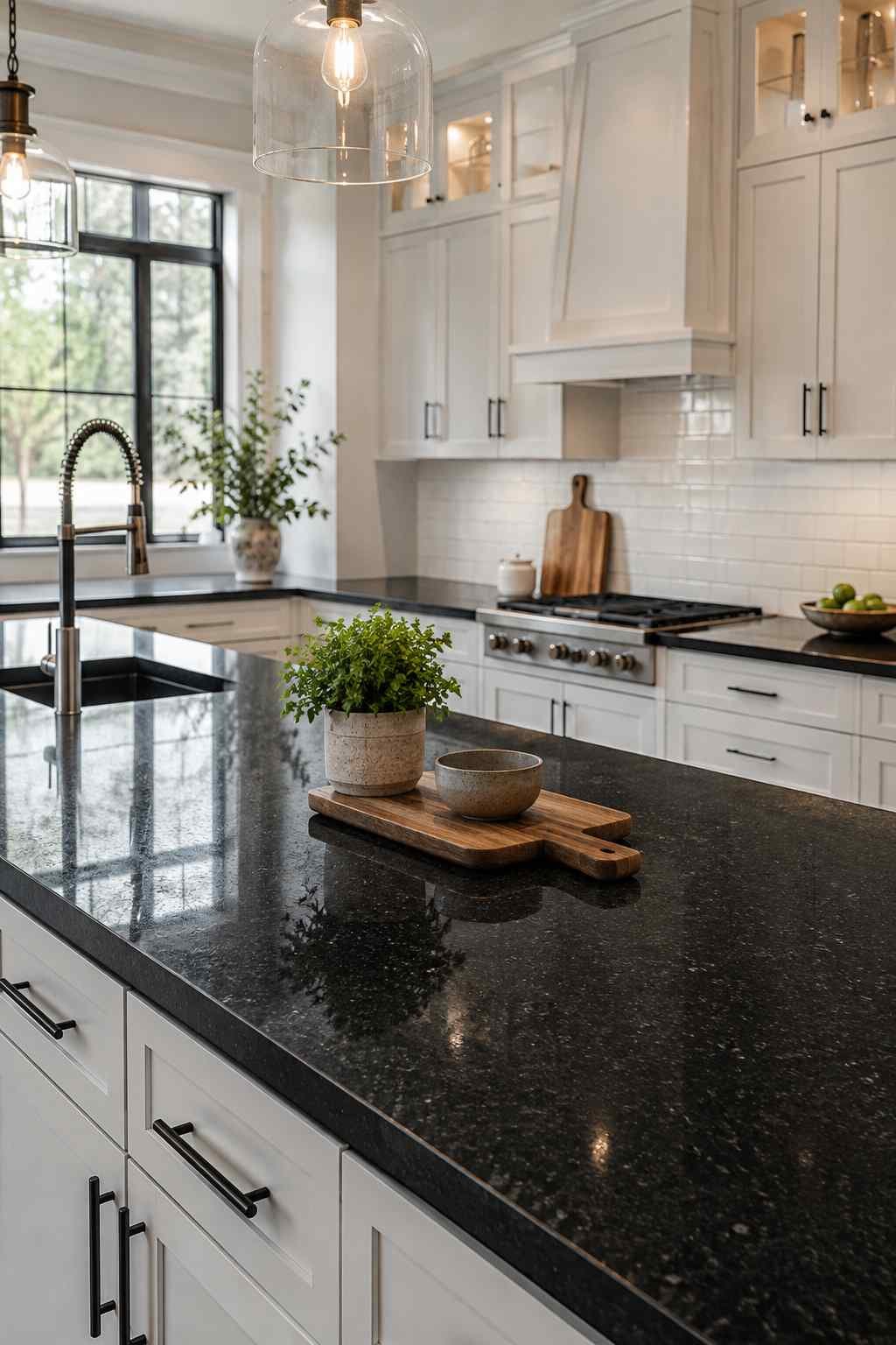 Modern luxury kitchen featuring white shaker cabinets, polished black granite countertops, a white subway tile backsplash, matte black hardware, warm pendant lighting, and a spacious island with minimalist décor.