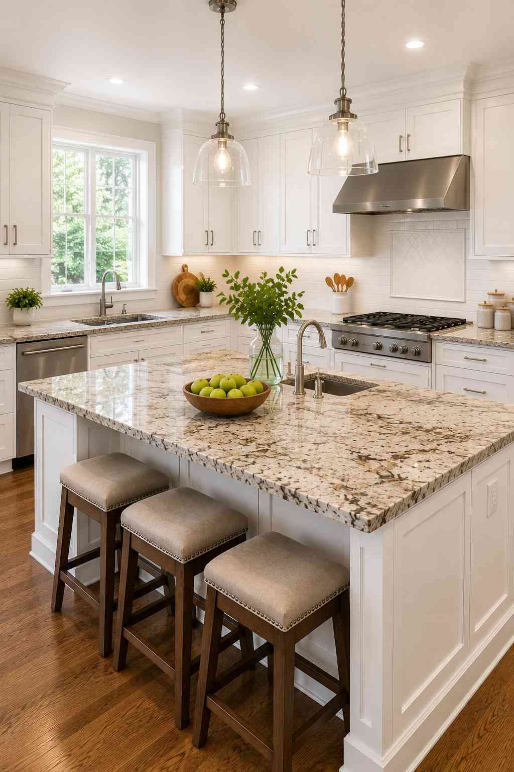 Bright white shaker kitchen featuring warm beige granite countertops, a large center island with an integrated sink, white subway tile backsplash, brushed nickel hardware, glass pendant lighting, warm wood flooring, and abundant natural light for a timeless, inviting design.