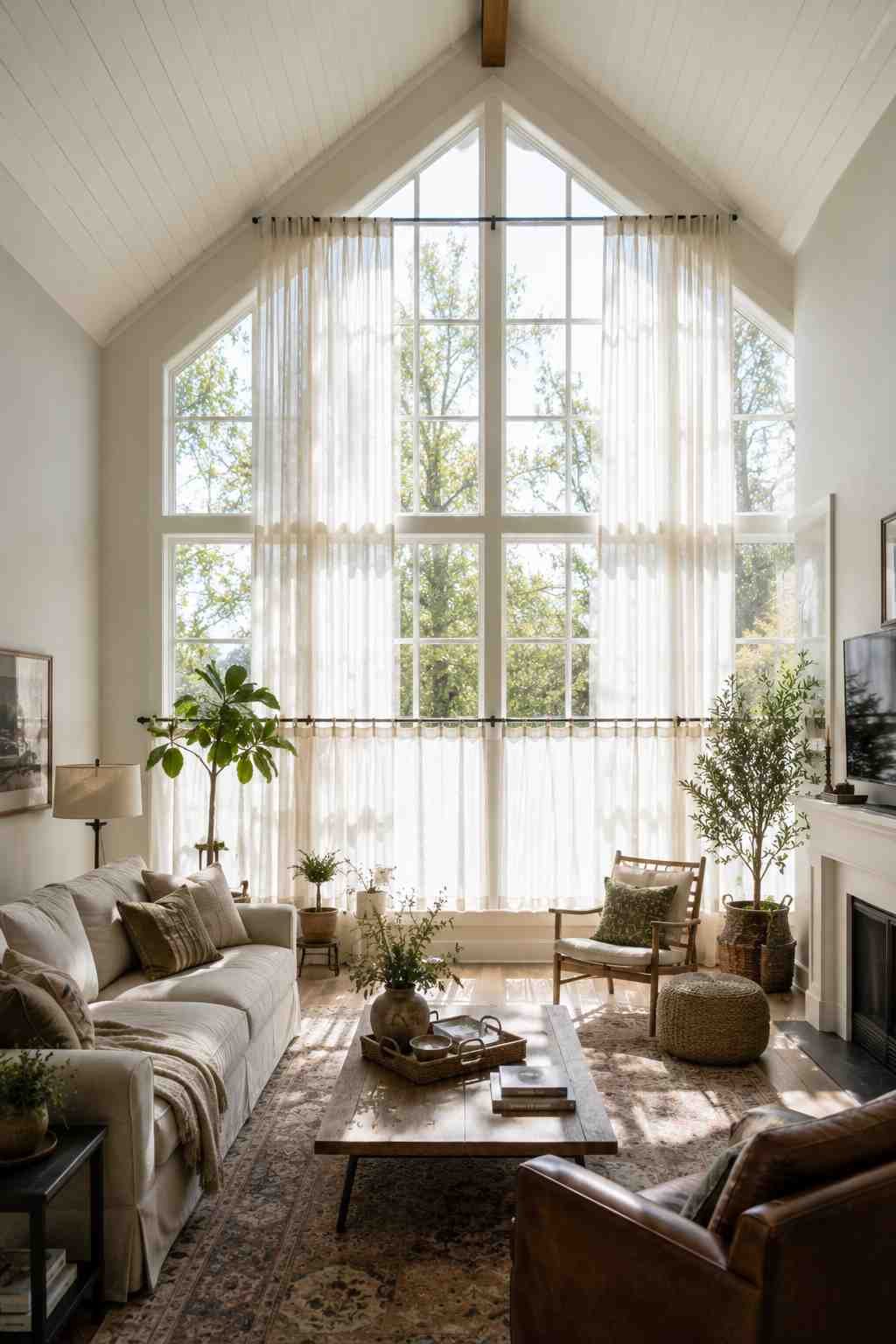 Bright living room with a soaring vaulted ceiling, oversized floor-to-ceiling windows dressed in sheer white curtains, a cozy neutral sofa, rustic wood coffee table, indoor plants, and warm natural sunlight filling the space. 