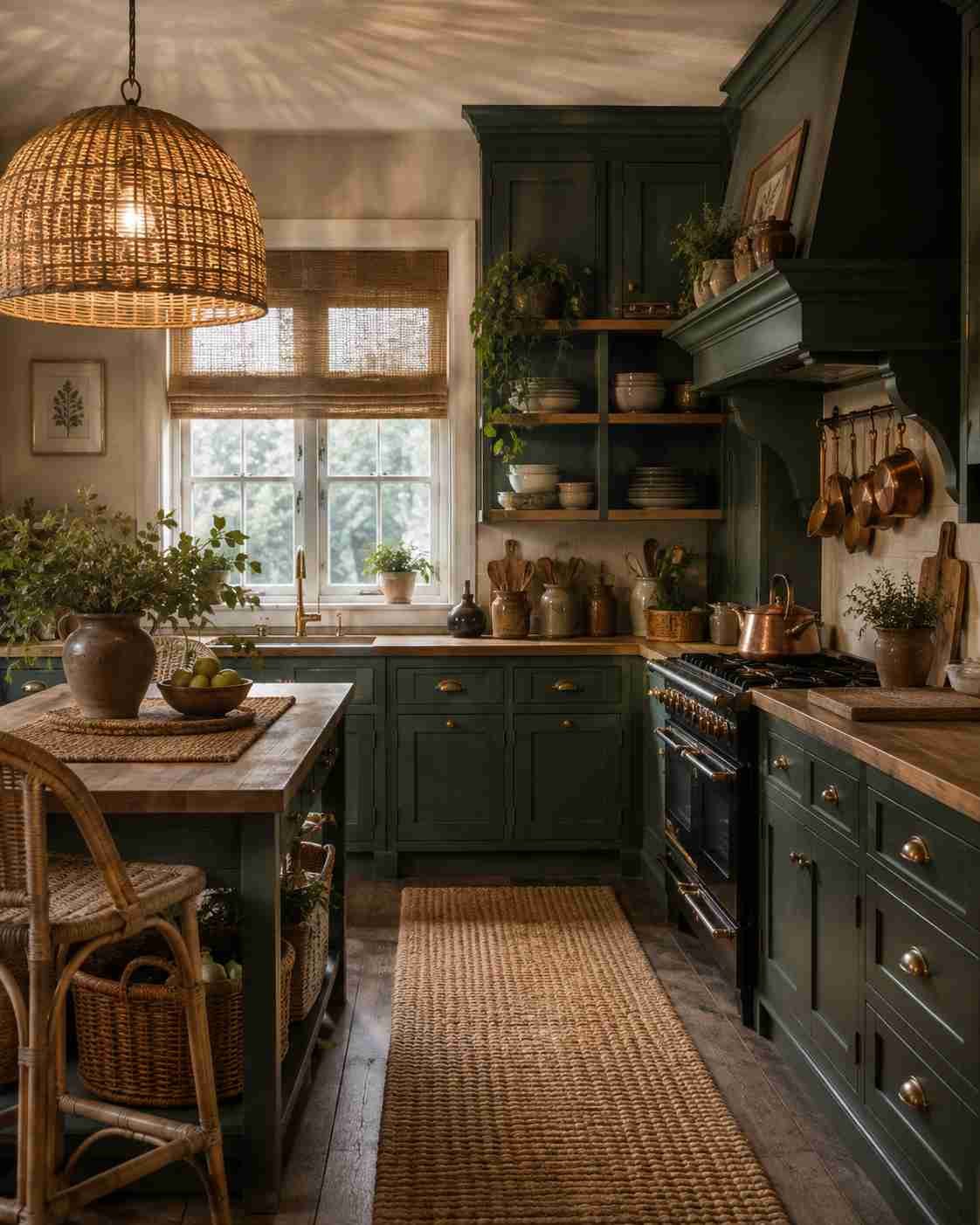 Cozy cottage kitchen with deep forest green shaker cabinets, woven rattan pendant light, jute runner rug, wicker baskets, butcher block countertops, brass hardware, and warm natural daylight for a relaxed farmhouse feel.