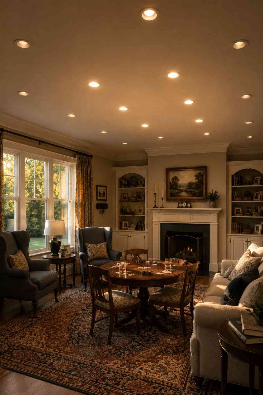 Traditional living room with recessed ceiling lights, a classic fireplace, and comfortable seating for family gatherings.